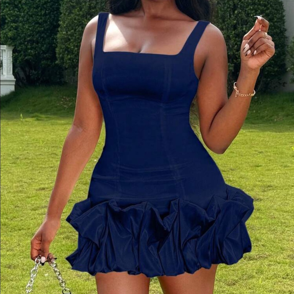 Navy blue satin peplum tutu tank top bodycon dress